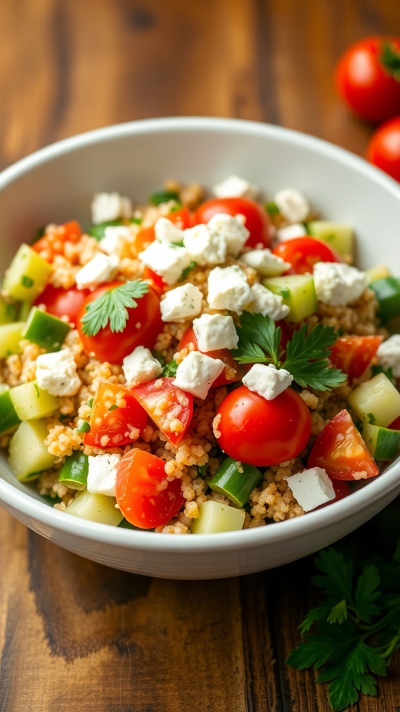 A colorful Mediterranean quinoa salad with cucumbers, tomatoes, feta cheese, and parsley on a rustic table.